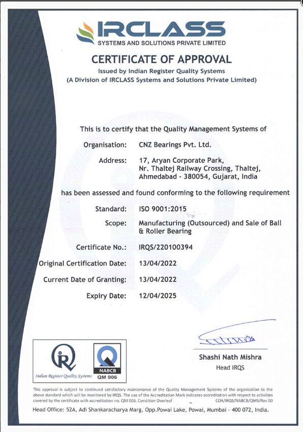 ISO 9001:2015 Certificate - CNZ Bearings